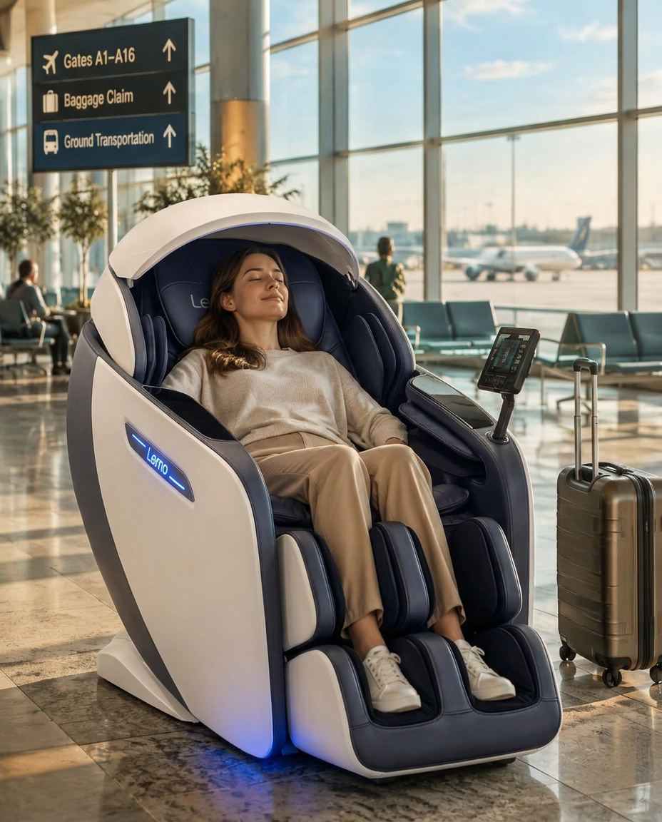 A traveler relaxing in a Lemo massage chair inside a bright airport terminal