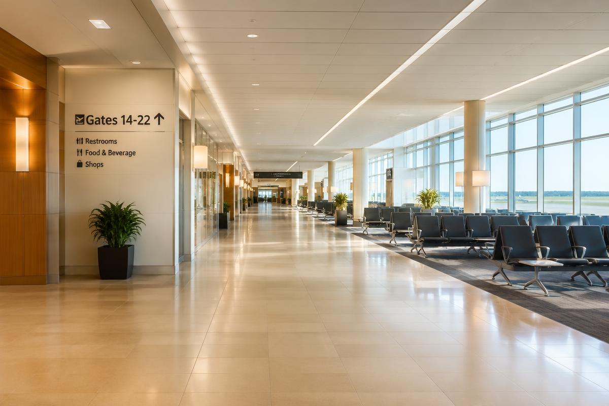 Airport terminal concourse past security